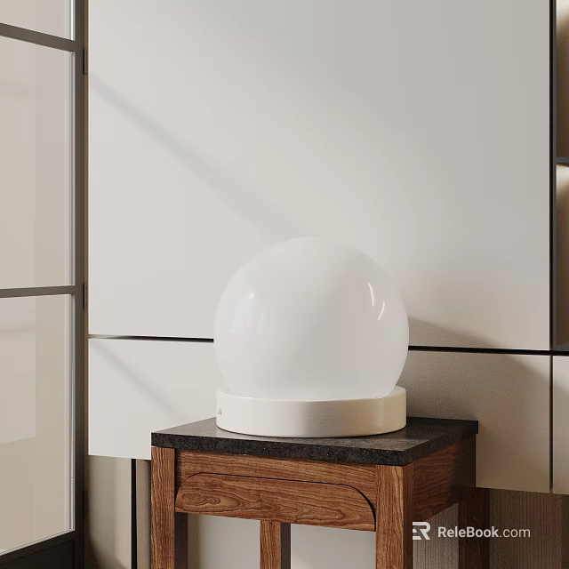 White Spherical Table Lamp With Smooth Shade On Wooden Cabinet Against Light Wall 3d model 