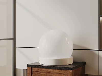 White Spherical Table Lamp With Smooth Shade On Wooden Cabinet Against Light Wall 3d model