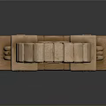 Brick Arched Architectural Structure with Red Decorative Orbs and Central Panel on Detailed Stone Pedestal