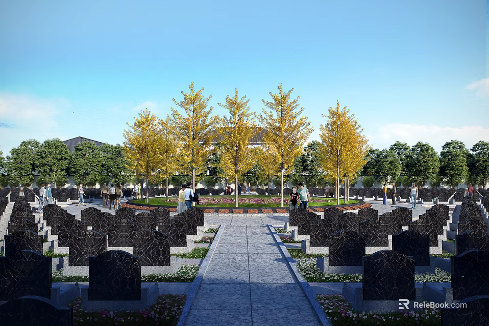 Serene Cemetery With Neatly Arranged Tombstones Stone Path Yellow Trees People Walking And Blue Sky 3d model 