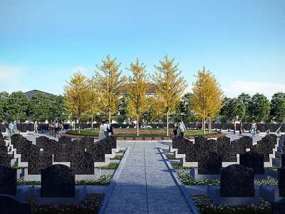 Serene Cemetery With Neatly Arranged Tombstones Stone Path Yellow Trees People Walking And Blue Sky 3d model