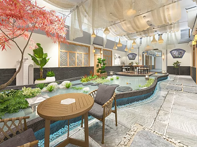 Traditional Chinese Teahouse Interior With Serene Pond Green Plants And Wooden Tables 3d model
