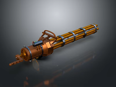 Multi Barrel Bronze Metal Weapon with Rotating Barrels and Mechanical Handle for 3d model