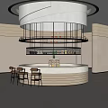 Modern Sales Office Interior With Round Bar Counter Wine Glasses Bottles Hanging Pendant Lights And Chairs