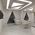 Modern Hair Salon Interior With White Styling Chairs Round Lights And Mirrors