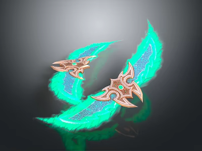 Wing Shaped Glowing Green Bladed Weapon With Golden Decor And Gemstone 3d model