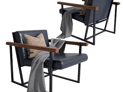 Modern Accent Chair with Black Frame Leather Seat Wooden Armrests Plaid Blanket and Cushion 3d model