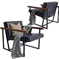 Modern Accent Chair with Black Frame Leather Seat Wooden Armrests Plaid Blanket and Cushion