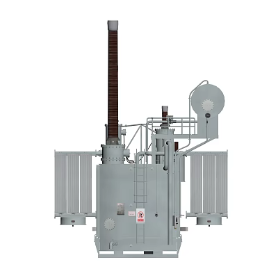 Industrial Transformer With Heavy Duty Metal Structure Silver Radiators Pipes And Ladder 3d model