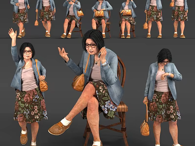 Woman In Blue Denim Jacket Pink Top Floral Skirt With Brown Handbag In Various Poses 3d model