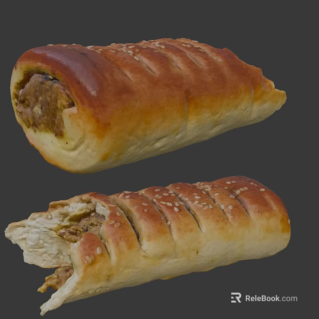 Golden Brown Meat Filled Pastry Roll With Sesame Seeds And Savory Filling 3d model 