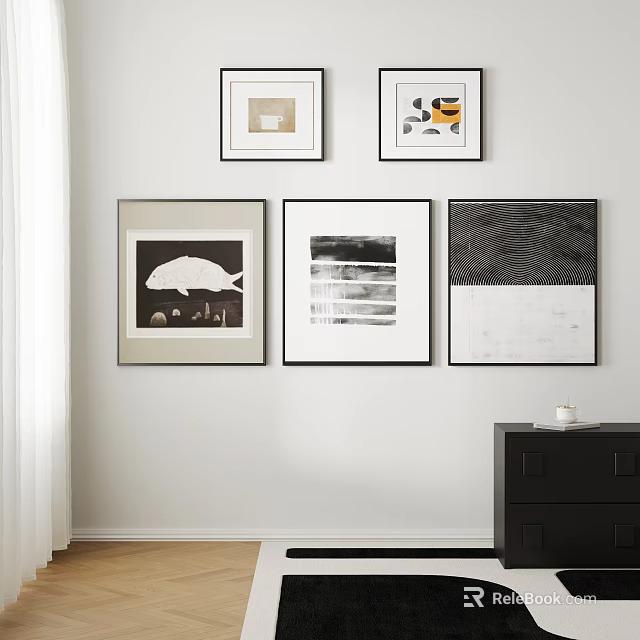 Modern Interior With Framed Wall Artworks On White Wall And Black Cabinet 3d model 