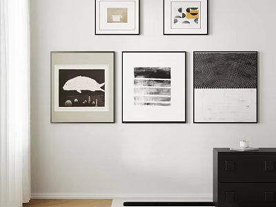 Modern Interior With Framed Wall Artworks On White Wall And Black Cabinet 3d model