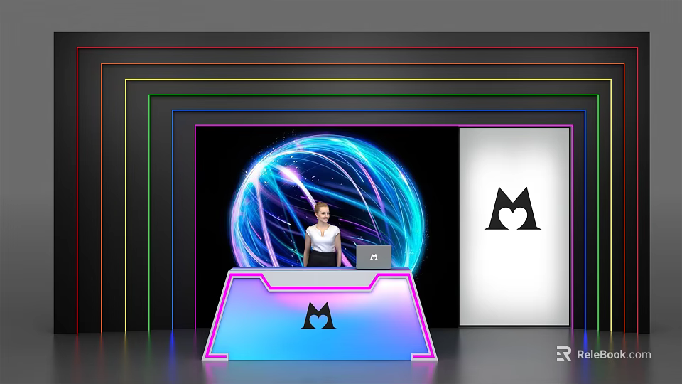 Modern Reception Desk With Neon Lighting Blue Pink Design And Illuminated Sphere Logo 3d model 