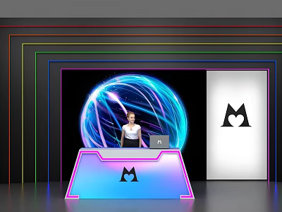 Modern Reception Desk With Neon Lighting Blue Pink Design And Illuminated Sphere Logo 3d model