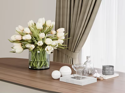 White Tulips in Glass Vase on Wooden Table with Curtains and Decorative Glasses Balls 3d model