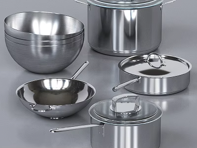 High Quality Shiny Stainless Steel Cookware Set With Pots Bowls And Pans 3d model