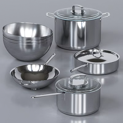 High Quality Shiny Stainless Steel Cookware Set With Pots Bowls And Pans 3d model