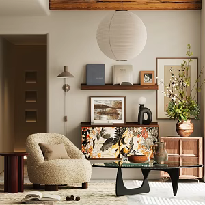 Middle Ancient Style Single Person Sofa Fabric Sofa Chair Leisure Chair Single Chair Recliner Entrance Cabinet Bucket Cabinet Decorative Cabinet Wall Hanging Bookshelf Storage Cabinet Potted Floriculture Green Plant 3d model