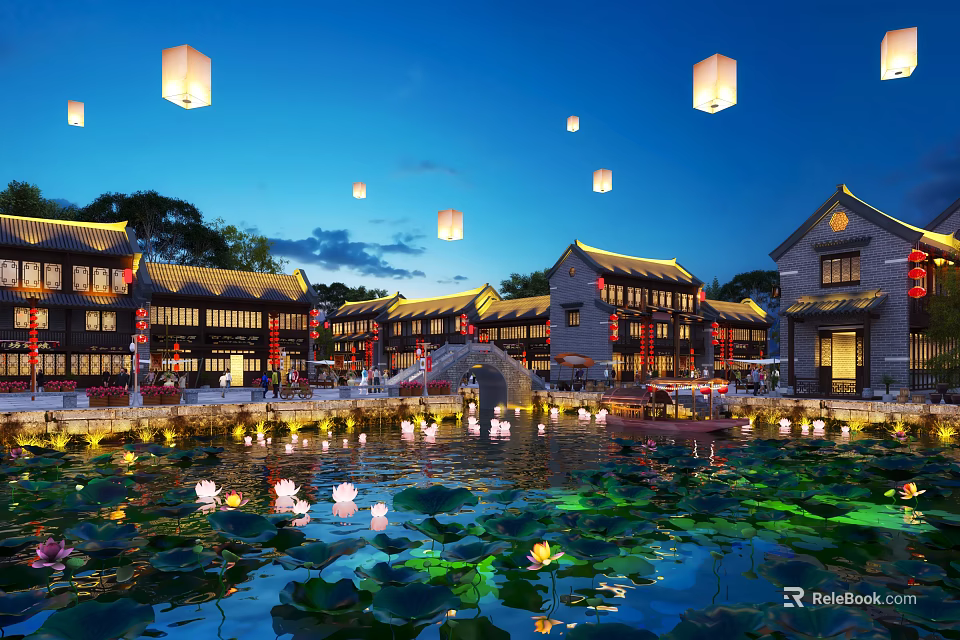 Ancient Style Commercial Street at Night with Hanging Lanterns Pond and Lotus Flowers 3d model 
