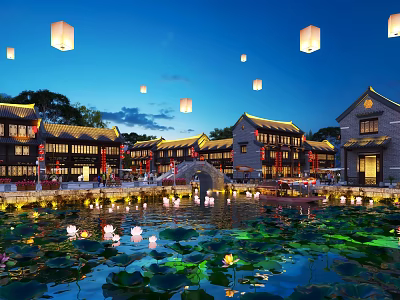 Ancient Style Commercial Street at Night with Hanging Lanterns Pond and Lotus Flowers 3d model