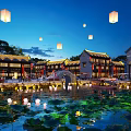 Ancient Style Commercial Street at Night with Hanging Lanterns Pond and Lotus Flowers