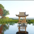 Chinese Style Pavilion on Water Surface With Lotus Flowers and Two People Reflection