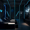 Mystic SPA Sauna Interior With Starry Sky Background Blue Neon Lighting And Three Chairs