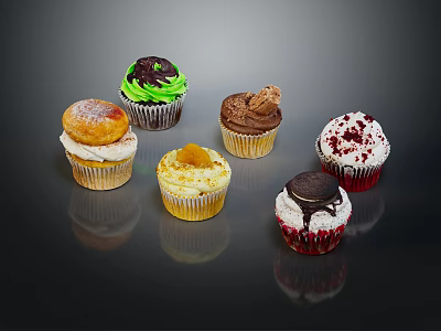 Assorted Decorated Cupcakes With Various Toppings And Flavors On Black Surface 3d model