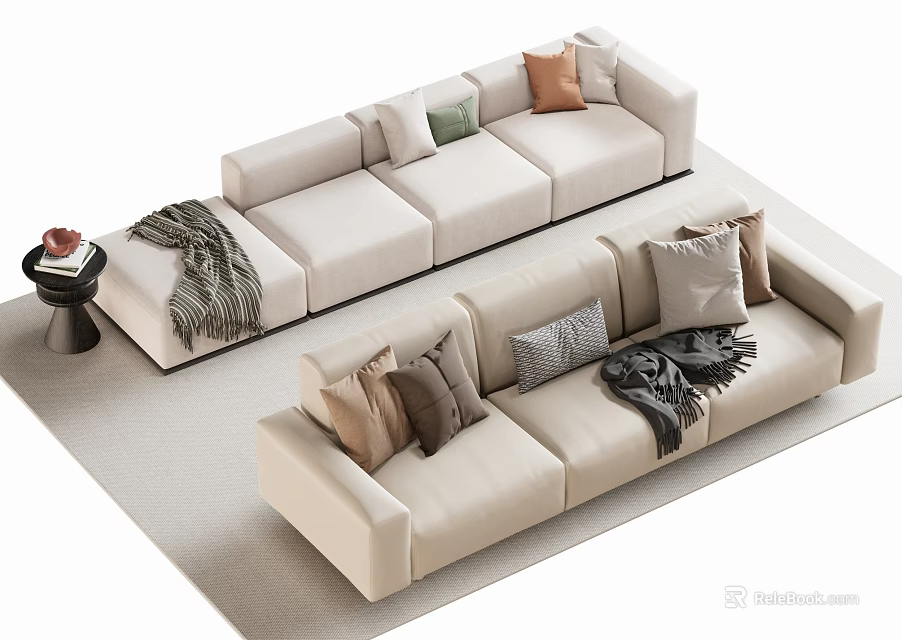 Beige Double Sofas with Colorful Pillows and Throws in Modern Living Room 3d model 
