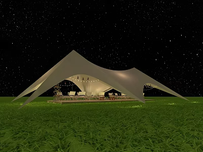 Canopy Tent Under Starry Night Sky On Green Grass Field Illuminated With Seating Area 3d model