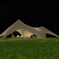 Canopy Tent Under Starry Night Sky On Green Grass Field Illuminated With Seating Area