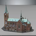 Red Brick Church Architecture With Green Roof Spires Clock Tower And Arch Windows