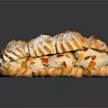 Long Strip Baked Pastry With Almond Slices Powdered Sugar And Cream Filling