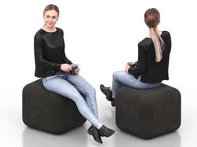 Two Women Sitting On Black Ottomans In Black Top And Light Blue Jeans Holding Mugs 3d model