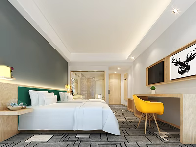 Modern Hotel Room Interior With White Bed Yellow Chair Writing Desk Wall TV And Artwork 3d model