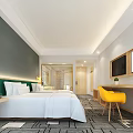 Modern Hotel Room Interior With White Bed Yellow Chair Writing Desk Wall TV And Artwork