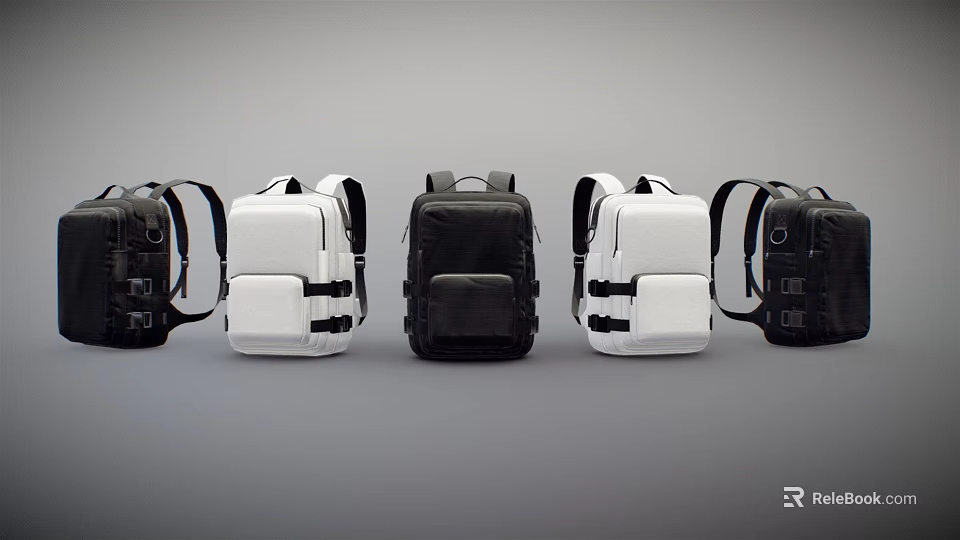 Multiple Black and White Backpacks Arranged in Row Display Showcase 3d model