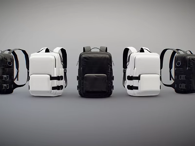 Multiple Black and White Backpacks Arranged in Row Display Showcase 3d model