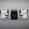 Multiple Black and White Backpacks Arranged in Row Display Showcase 3d model