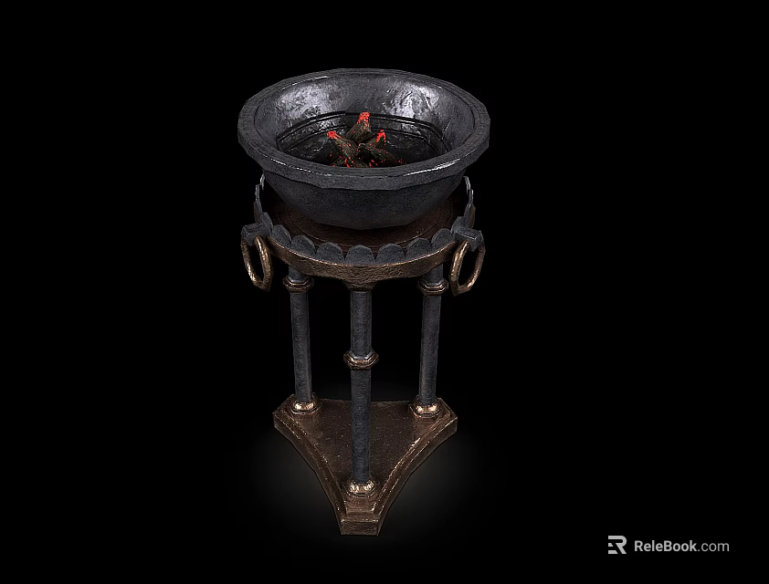 Vintage Iron Stove With Decorative Stand And Burning Red Embers 3d model 