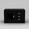 Modern Tech Exhibition Hall Featuring Black Display Cabinet With Drawers And Patterned Panel