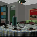 Traditional Chinese Private Dining Room With Round Table Checkered Tablecloth Red Chairs And Pendant Light