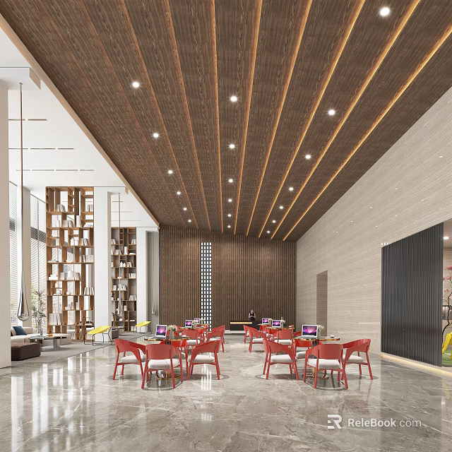 Modern Sales Office Interior With Red Chairs Wooden Ceiling And Bookshelves 3d model 
