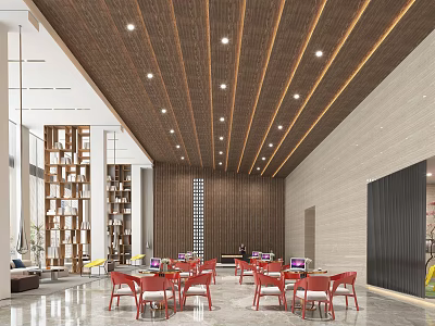 Modern Sales Office Interior With Red Chairs Wooden Ceiling And Bookshelves 3d model