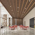 Modern Sales Office Interior With Red Chairs Wooden Ceiling And Bookshelves