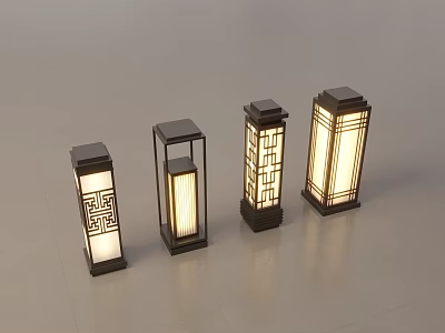 Traditional Chinese Style Outdoor Lights With Square Wooden Frame And Glass Panels 3d model