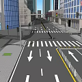 Bustling Commercial Street Crossroads With Pedestrians Vehicles Buildings And Green Trees