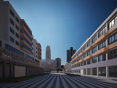 Modern School Building Exterior With Wide Campus Street And High Rise Buildings 3d model