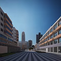 Modern School Building Exterior With Wide Campus Street And High Rise Buildings